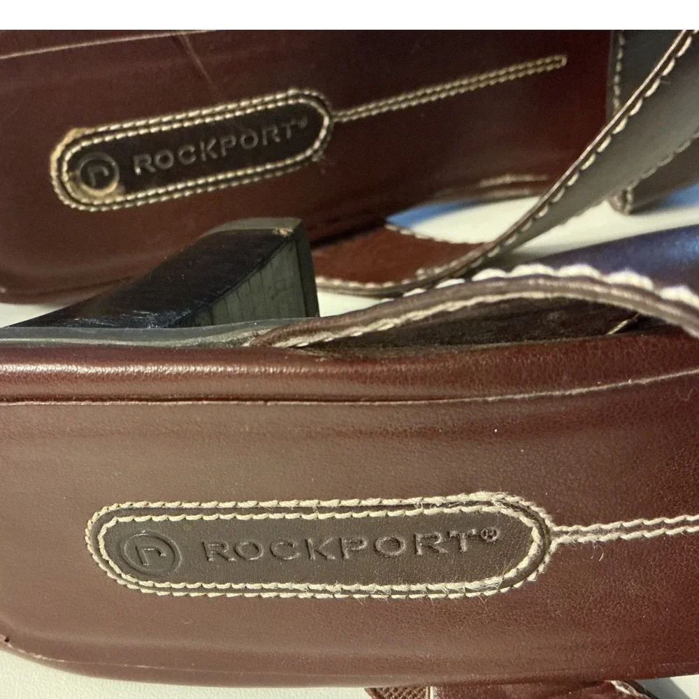 Rockport Brown Leather Crisscross Slide Sandals Block Heel Square Toe Size 7.5M